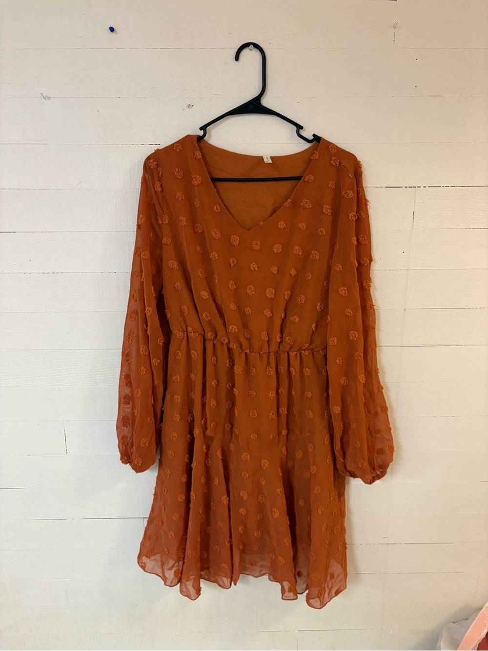Fashion Collection Rust Swiss Dot Chiffon Mini Dress Long Sleeve L